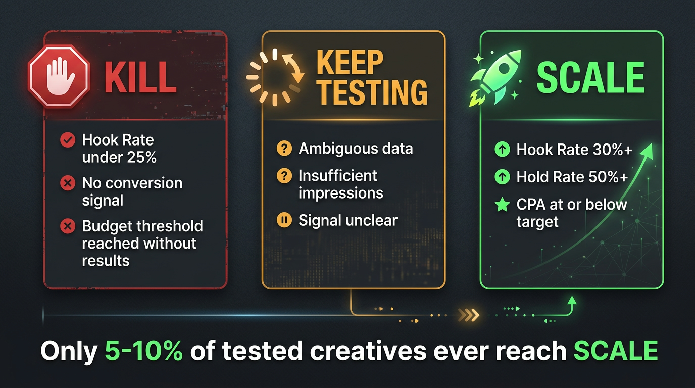 Kill keep scale decision framework for creative testing showing three columns with criteria for killing, continuing to test, or scaling video ad creatives