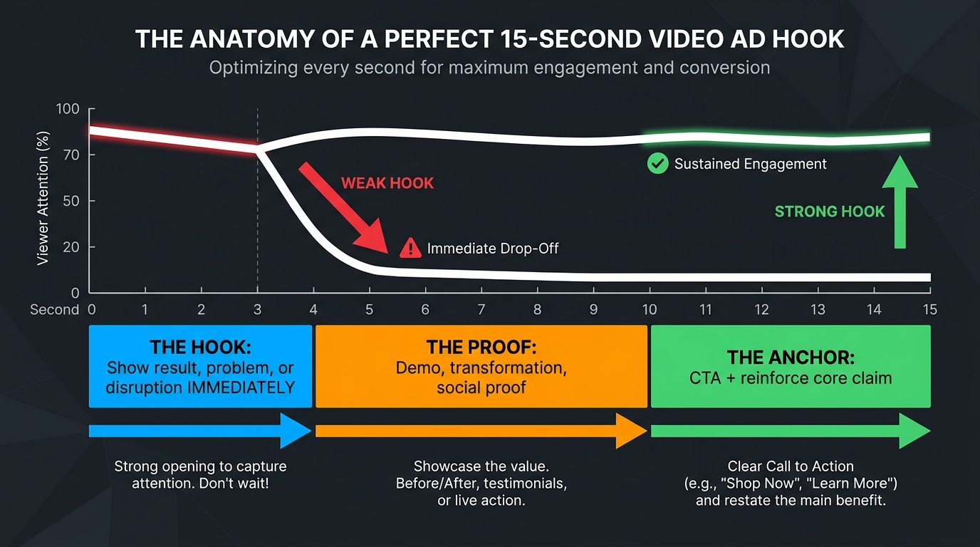 Anatomy of a 15-second video ad hook timeline showing three segments: 0-3 seconds hook, 3-10 seconds proof layer, and 10-15 seconds CTA anchor with viewer attention curve