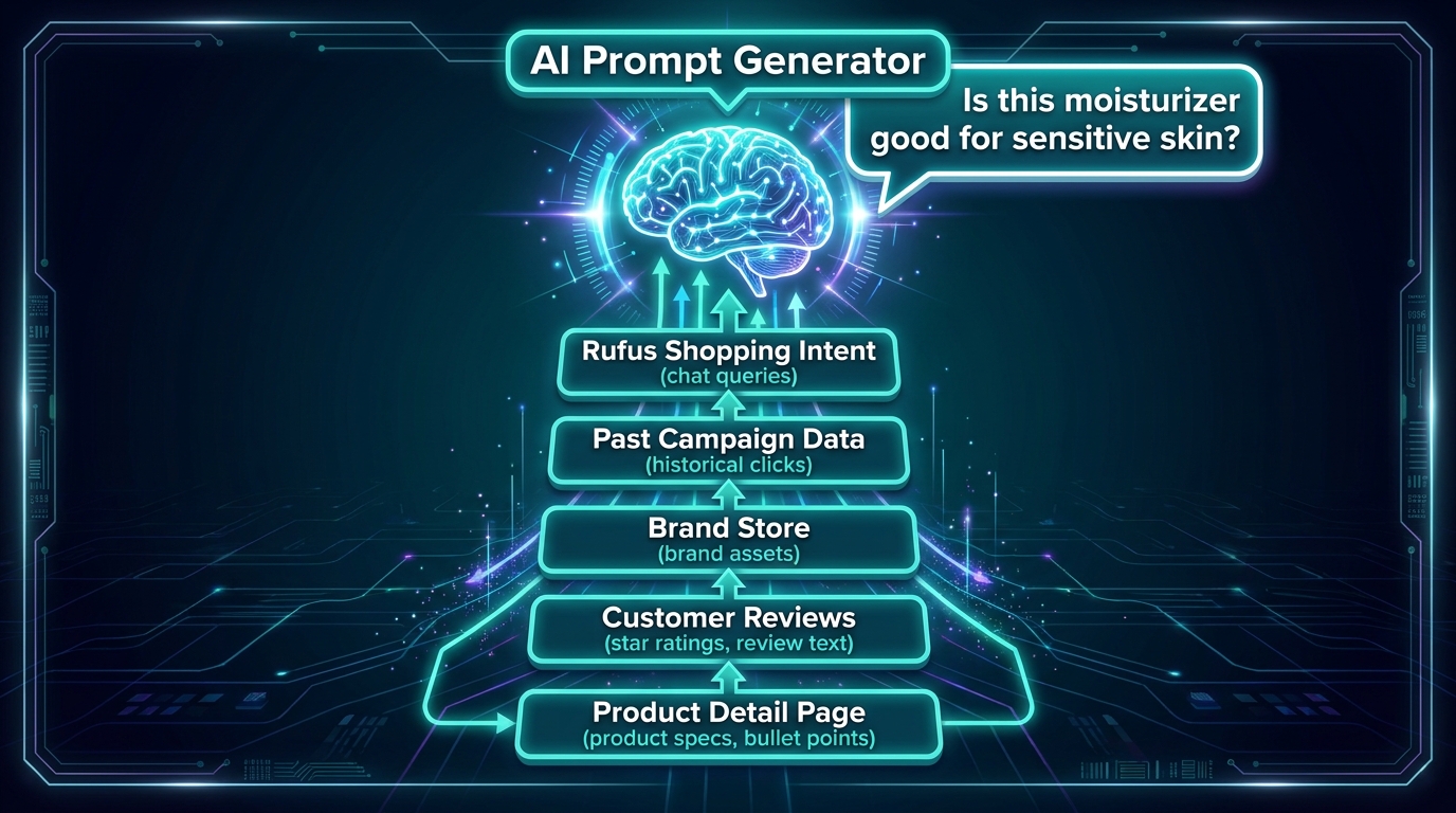 Diagram showing Amazon's AI ad prompt signal stack — from product detail page data to Rufus intent queries feeding the prompt generator