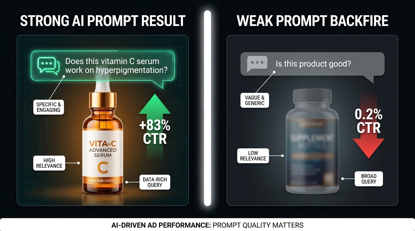 Side-by-side comparison of strong vs weak Amazon AI ad prompt results in health and beauty category