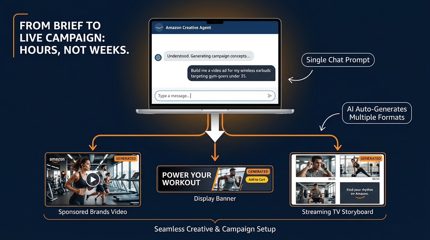 Amazon Creative Agent interface showing a chat prompt generating multiple ad format creatives including video, display, and streaming TV