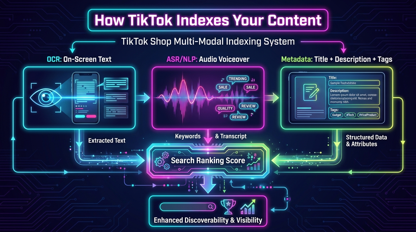 Diagram showing TikTok Shop's three-channel multi-modal indexing system: OCR for on-screen text, NLP for audio voiceover, and metadata for product listings