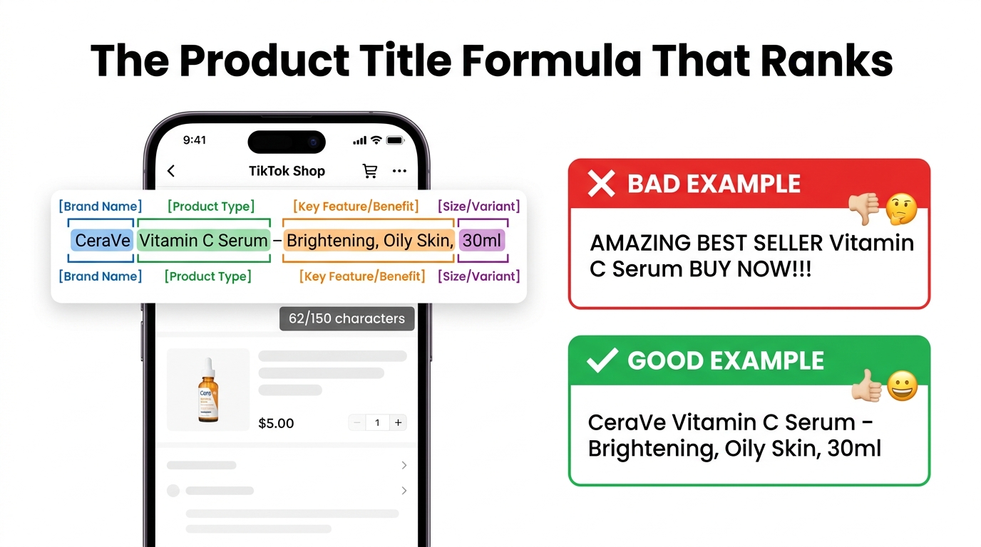 Infographic showing optimized TikTok Shop product title formula with color-coded segments: Brand Name, Product Type, Key Feature, Size/Variant — with good and bad examples