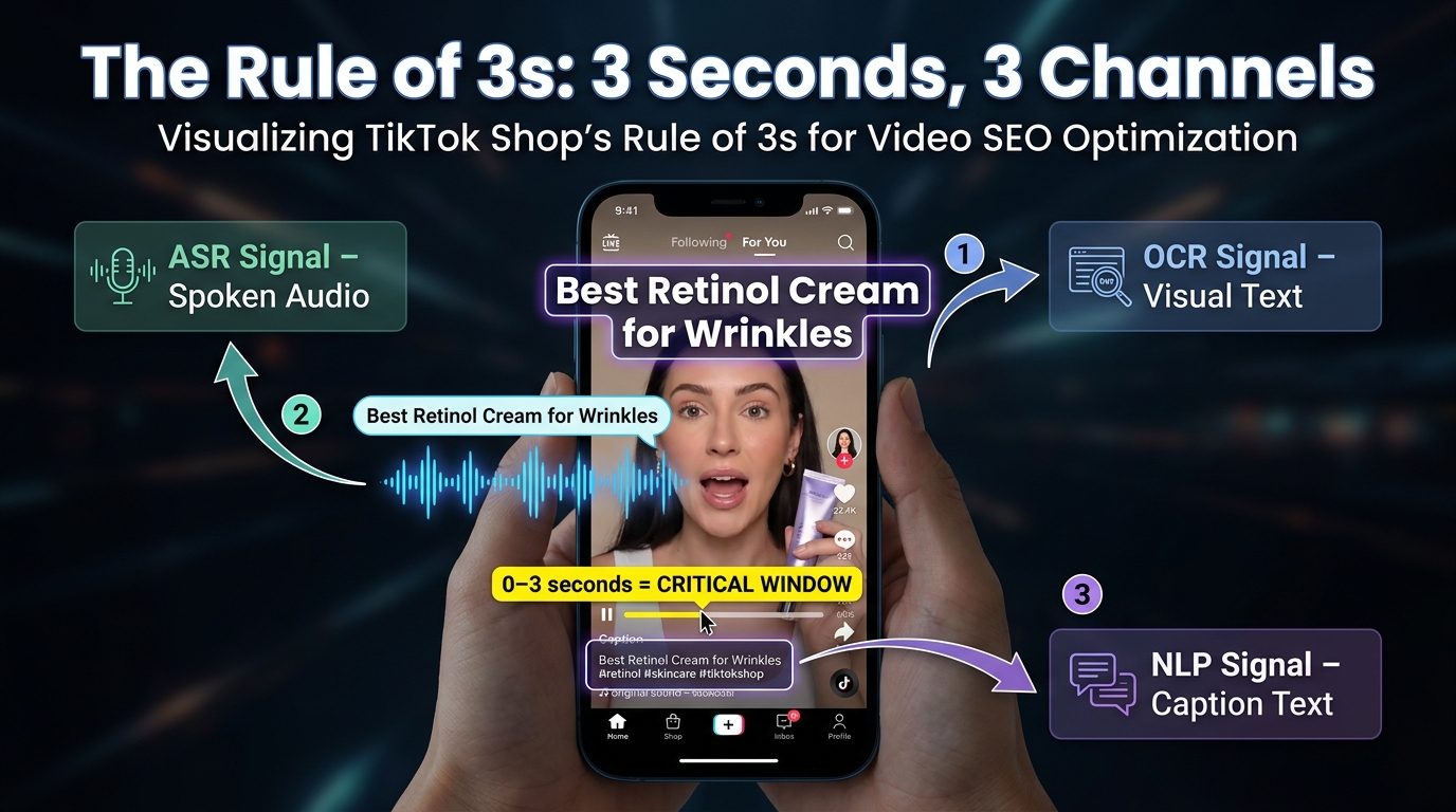 Smartphone showing TikTok video with three simultaneous keyword signal callouts: OCR on-screen text, ASR spoken audio, and NLP caption — demonstrating the Rule of 3s in the critical first 3 seconds