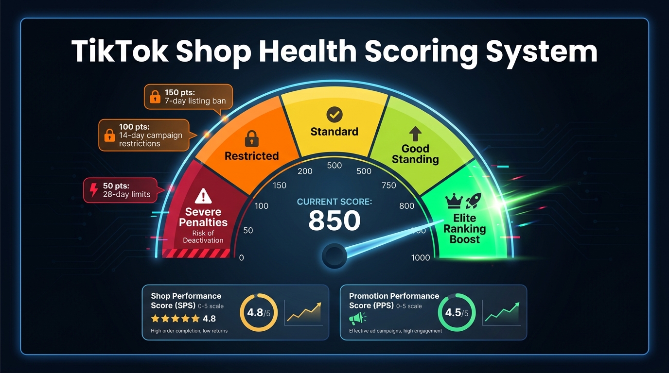 Dashboard infographic showing TikTok Shop's Account Health Rating gauge from 0 to 1000, with color-coded penalty zones and threshold callouts for listing bans and campaign restrictions