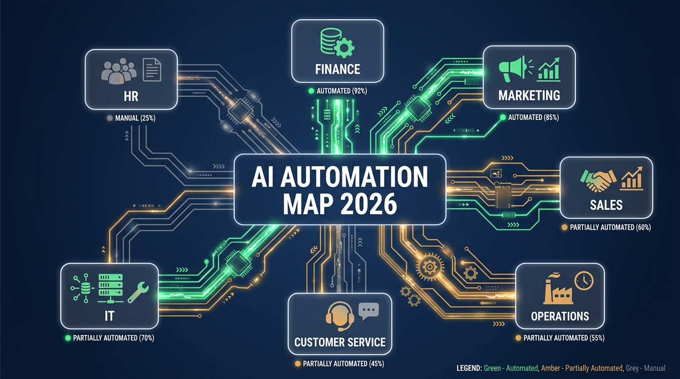 AI Automation Map 2026 — department-by-department org chart showing automated, partially automated, and manual processes