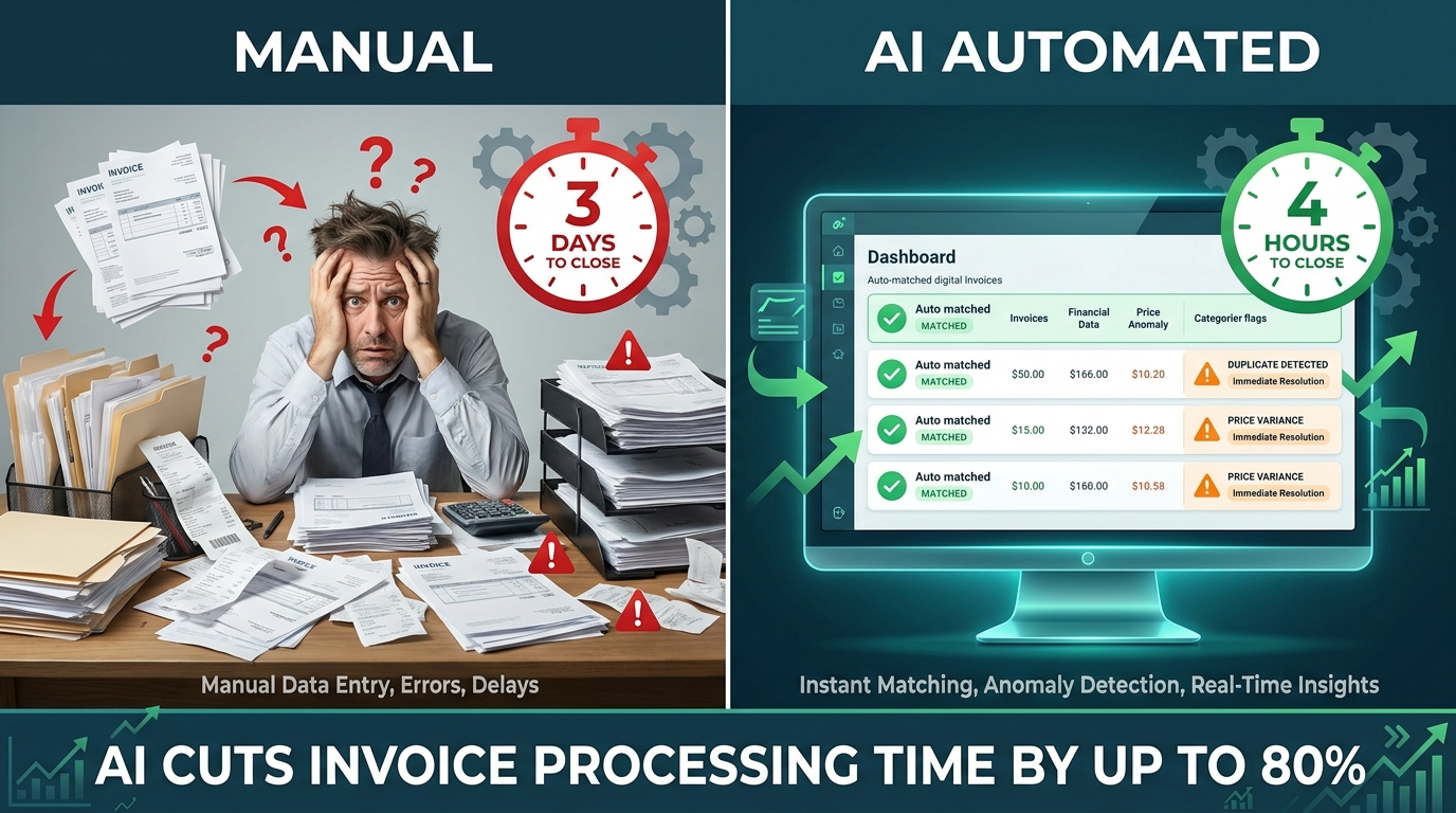 Split-screen comparison showing manual invoice processing taking 3 days versus AI-automated processing completing in 4 hours with 80% time reduction