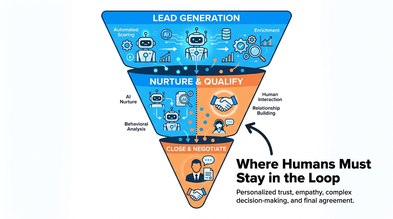 Sales pipeline funnel showing AI automation at the top for lead generation and scoring, shared AI-human collaboration in the middle nurture stage, and full human control at the closing stage