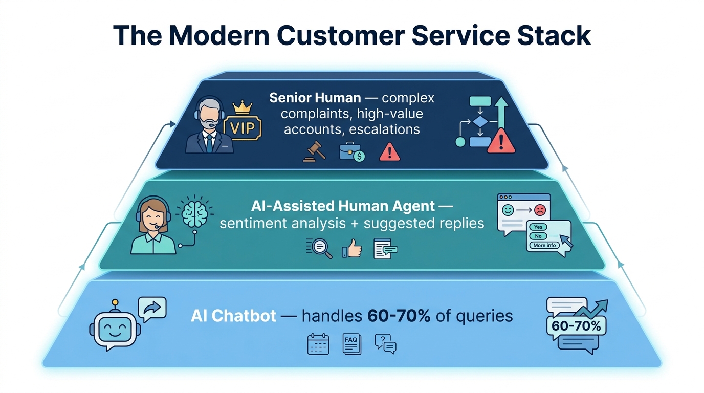 Customer service automation pyramid showing AI chatbots at the base handling 60-70% of queries, AI-assisted human agents in the middle, and senior human specialists at the top for complex cases