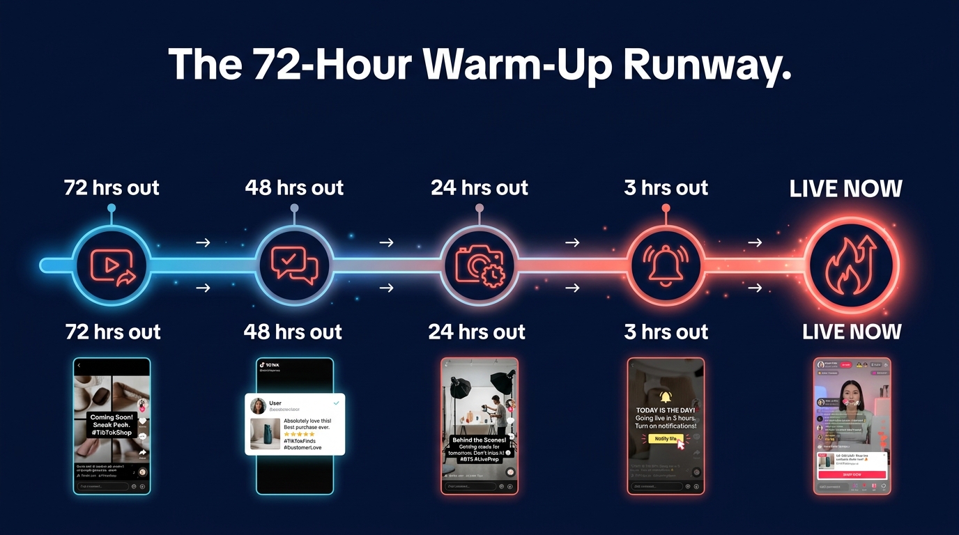 72-hour pre-live content runway timeline for TikTok Shop showing teaser, social proof, reminder, and day-of push posts