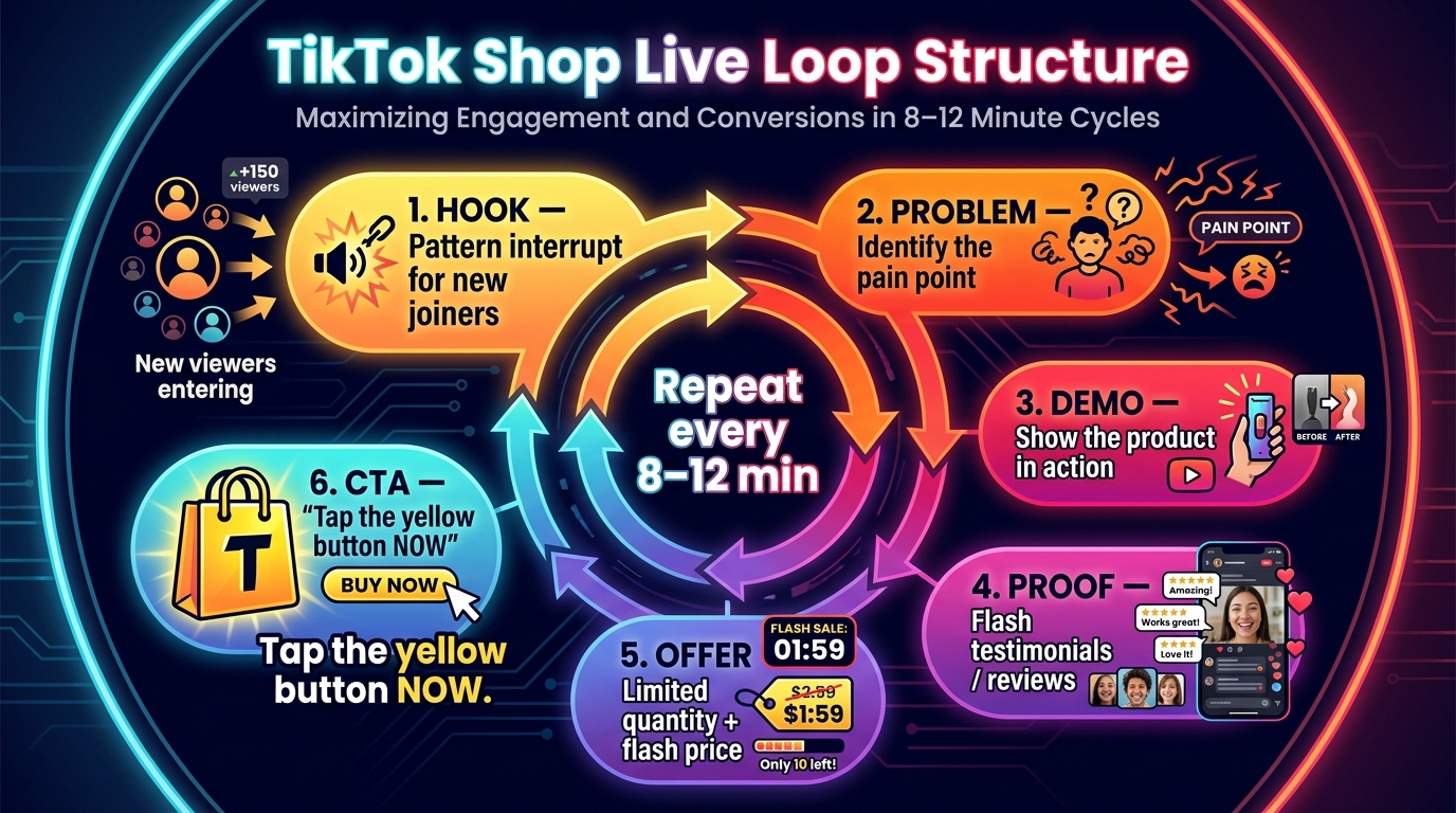 TikTok Shop Live loop structure diagram showing the 8-12 minute repeating cycle: Hook, Problem, Demo, Proof, Offer, CTA