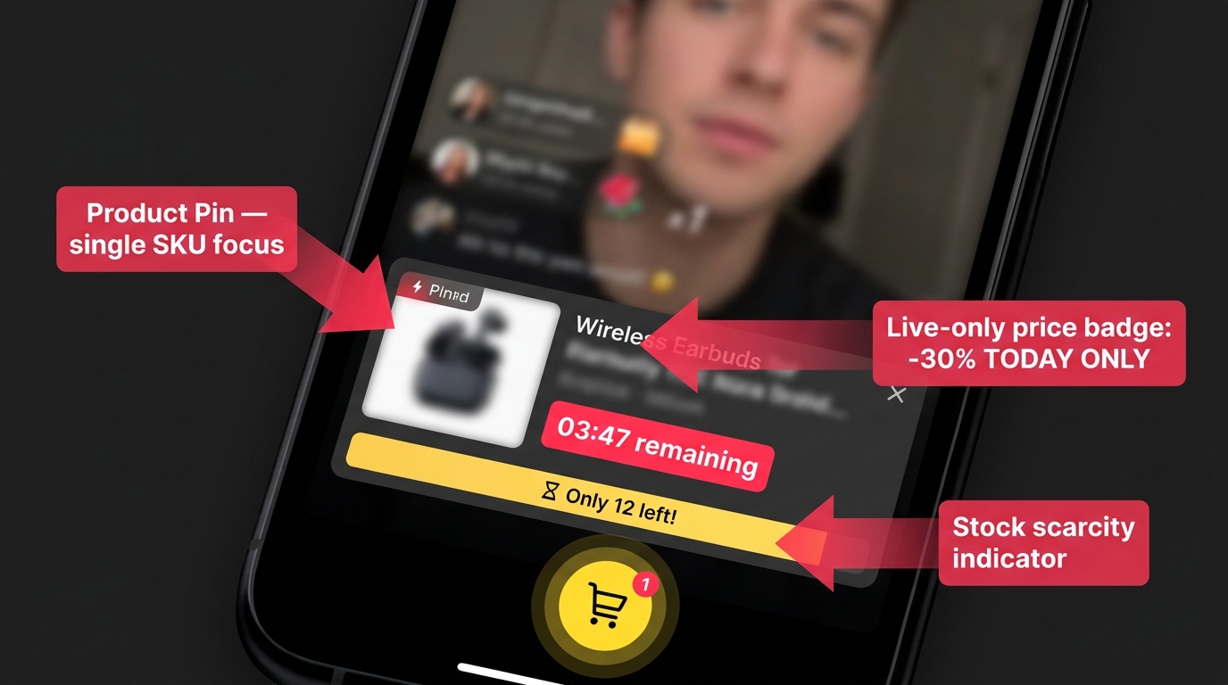 TikTok Shop Live interface mockup showing pinned product card with countdown timer, stock scarcity indicator, and live-only price badge