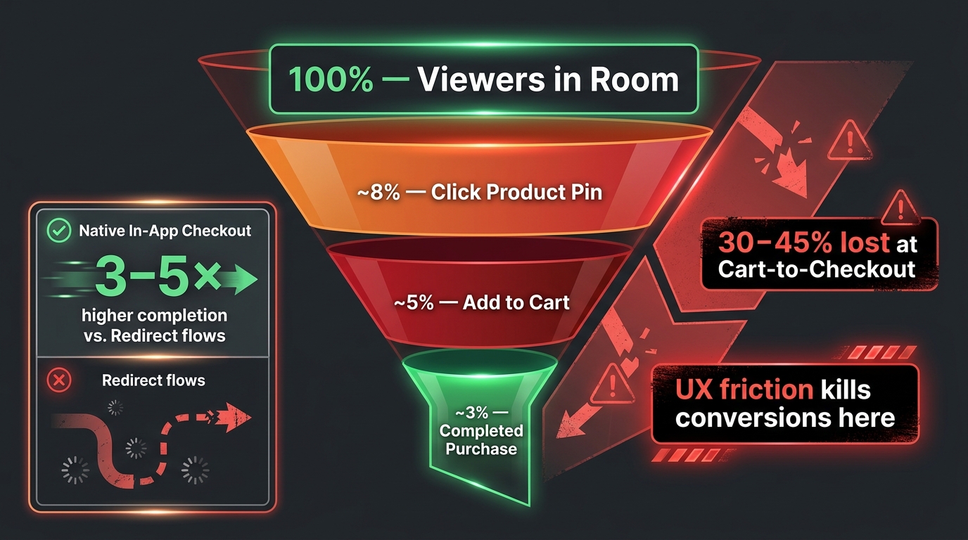 TikTok Shop Live checkout funnel showing drop-off rates at each stage with 30-45% cart abandonment zone highlighted