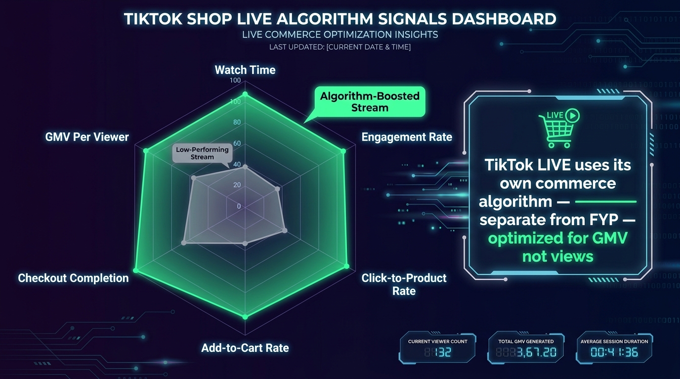 TikTok Shop Live algorithm signal radar chart comparing low-performing vs algorithm-boosted streams across six commerce metrics