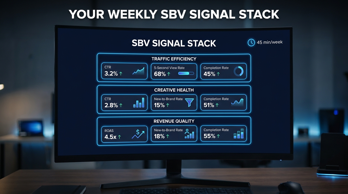 A clean dark-mode SBV Signal Stack analytics dashboard showing three layers of metrics: Traffic Efficiency, Creative Health, and Revenue Quality, with a 45-minute weekly clock.