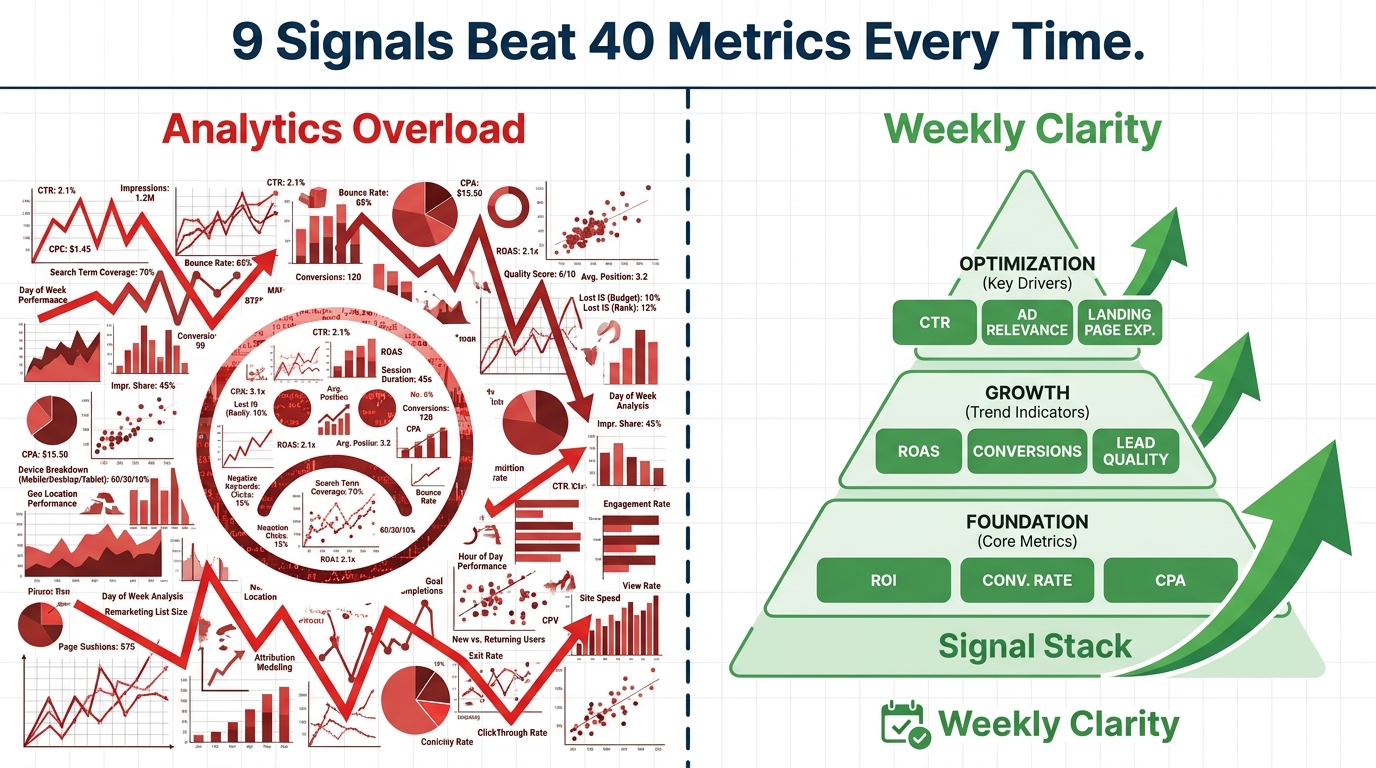 Split-screen infographic comparing analytics overload with 40+ metrics versus a clean 9-metric signal stack, with headline: 9 Signals Beat 40 Metrics Every Time.