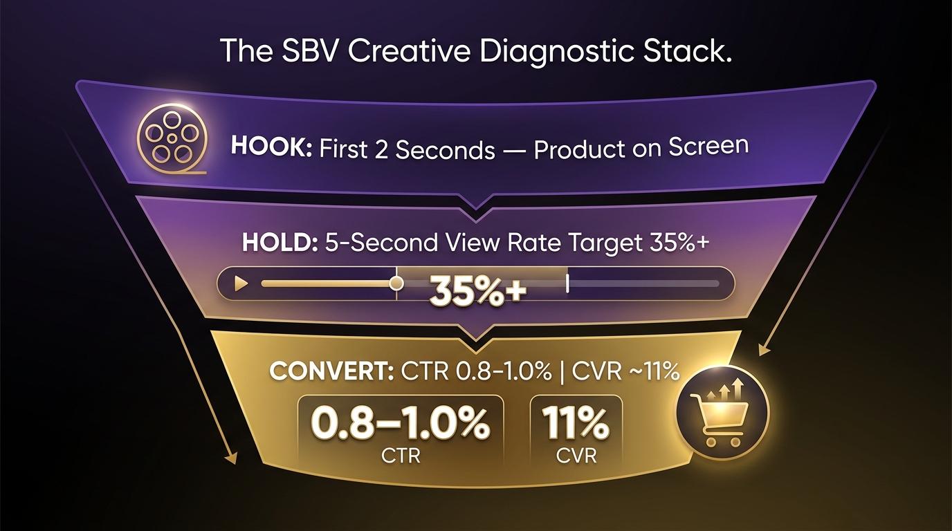 Funnel infographic showing the SBV Creative Diagnostic Stack: Hook at top with 2-second product appearance, Hold in the middle with 35%+ 5-second view rate, Convert at the bottom with 0.8-1.0% CTR and 11% CVR.