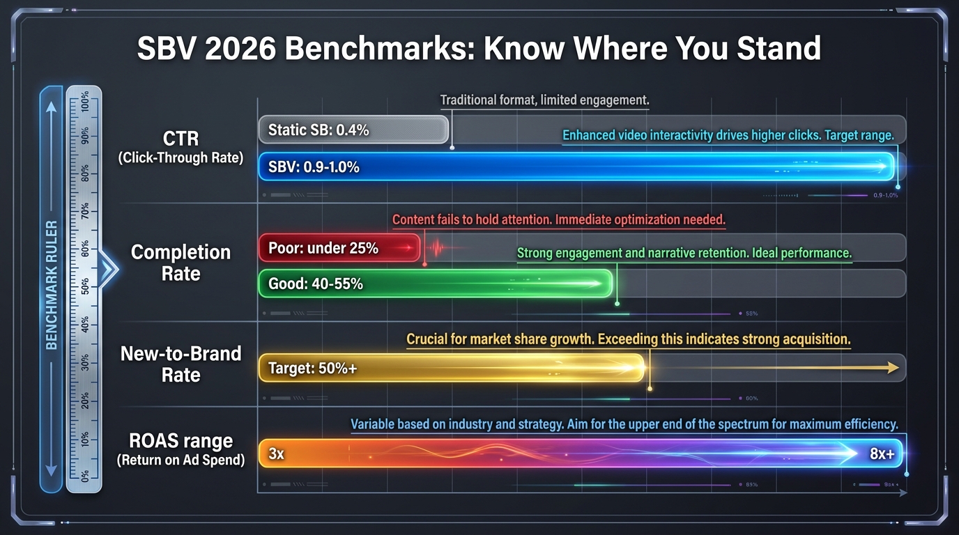 Horizontal bar chart infographic showing 2026 SBV benchmarks: CTR 0.9-1.0% versus static SB 0.4%, Completion Rate 40-55% good range, New-to-Brand Rate 50%+ target, and ROAS range from 3x to 8x+.