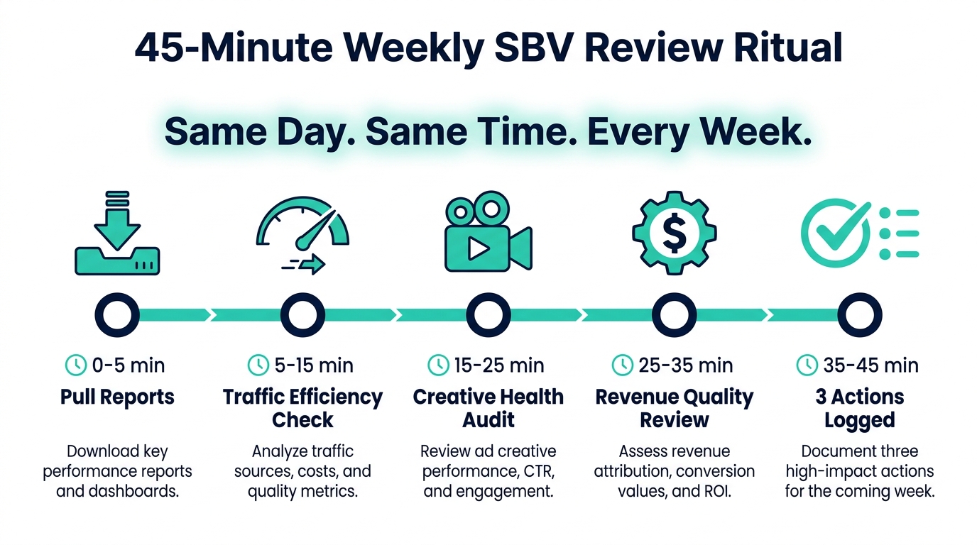Timeline infographic showing the 45-minute weekly SBV review ritual with five stops: Pull Reports, Traffic Efficiency Check, Creative Health Audit, Revenue Quality Review, and 3 Actions Logged. Overlay text: Same Day. Same Time. Every Week.