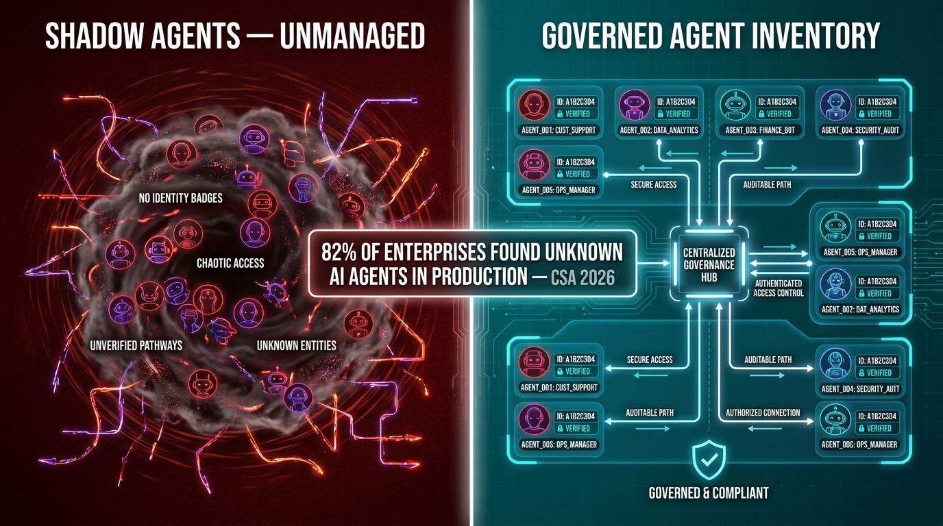 Split-screen infographic comparing unmanaged shadow AI agents versus a governed agent inventory, with stat showing 82% of enterprises found unknown AI agents in production in 2026