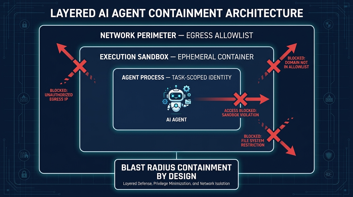 Technical diagram showing a layered AI agent containment architecture with network perimeter egress allowlist, execution sandbox ephemeral container, and agent process with task-scoped identity