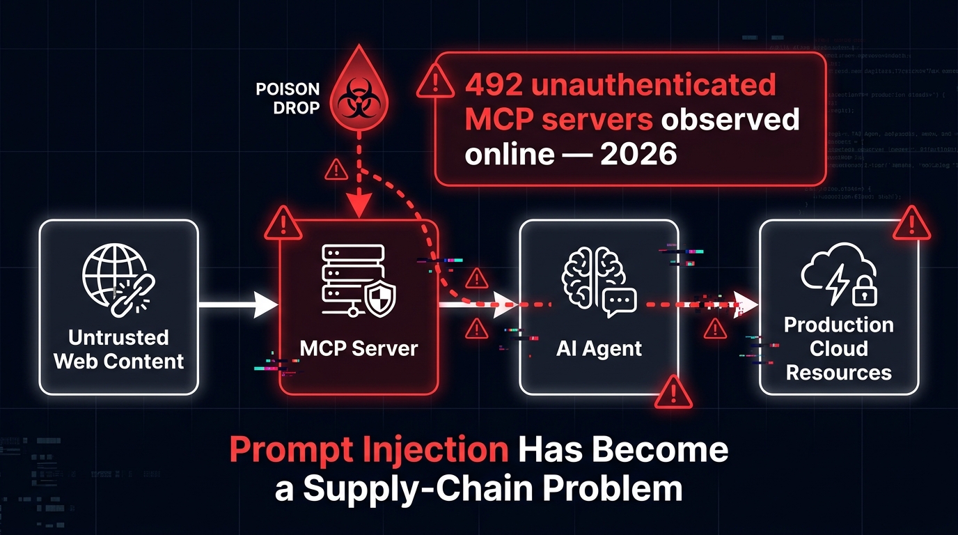Diagram showing AI agent prompt injection supply chain attack via MCP server, with untrusted web content flowing through to production cloud resources, with stat noting 492 unauthenticated MCP servers observed online in 2026