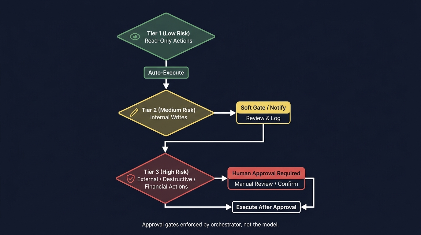 Flowchart showing a risk-tiered human-in-the-loop approval gate system: read-only actions auto-execute, internal writes trigger soft gate, external or financial actions require human approval