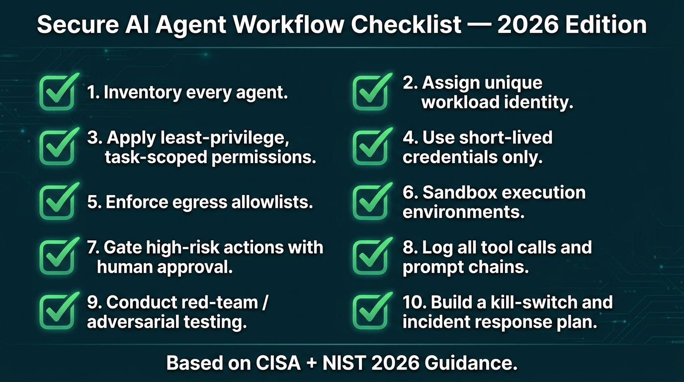 Secure AI Agent Workflow Checklist 2026 based on CISA and NIST guidance, listing 10 security requirements including inventory, unique identity, least privilege, egress controls, sandboxing, human approval gates, logging, red-team testing, and kill-switch readiness