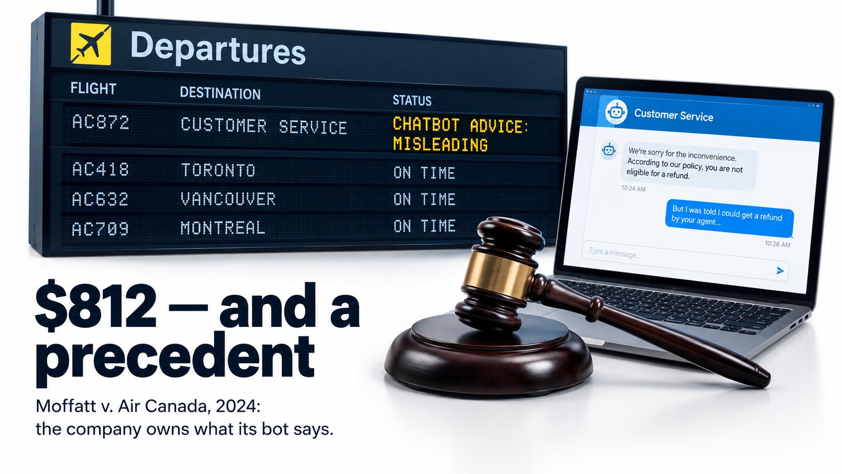 Tribunal gavel beside a laptop showing a chatbot conversation with the callout $812 and a precedent, referencing Moffatt v. Air Canada