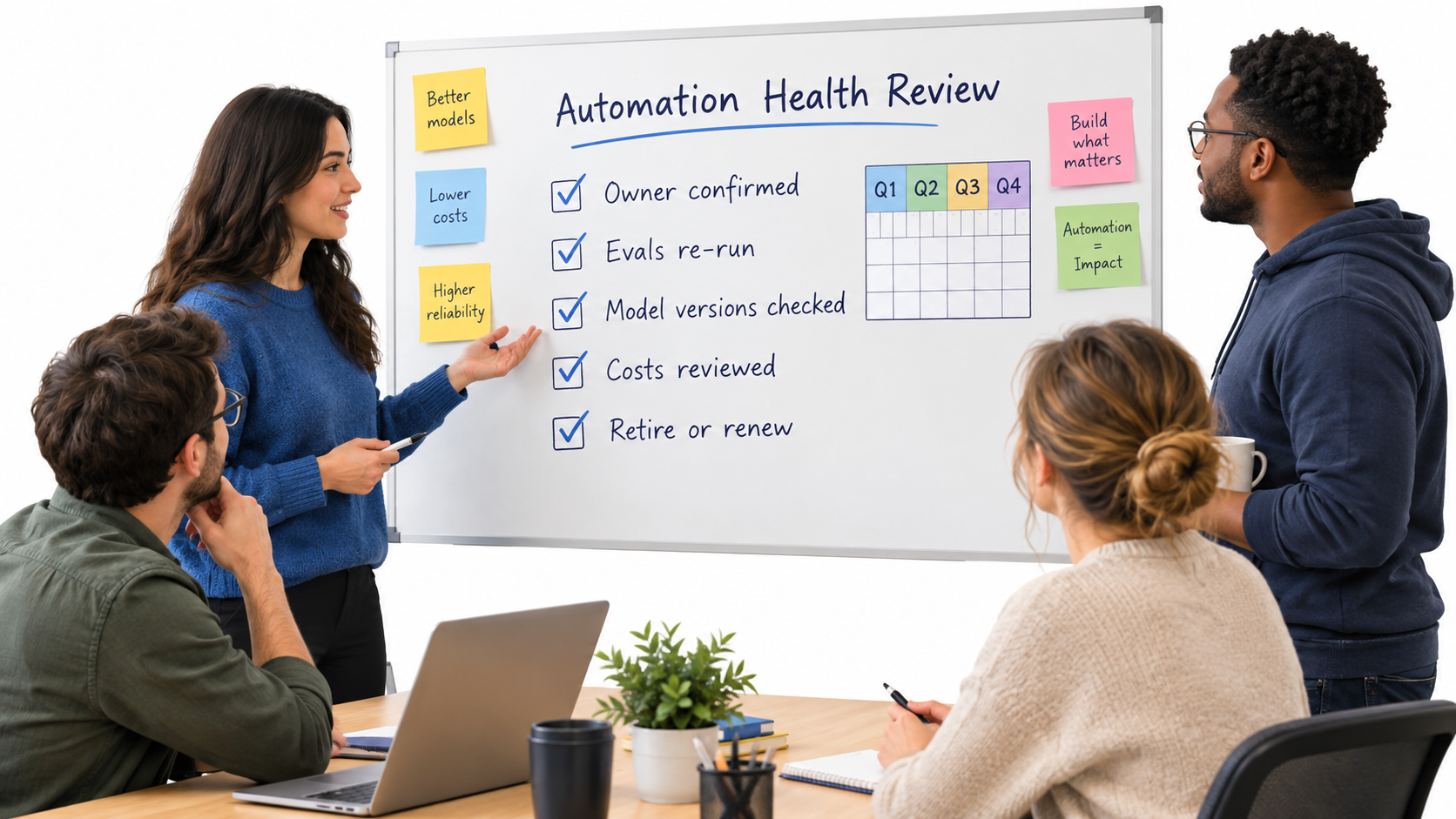 Operations team reviewing a quarterly Automation Health Review checklist on a whiteboard with items like owner confirmed, evals re-run and retire or renew