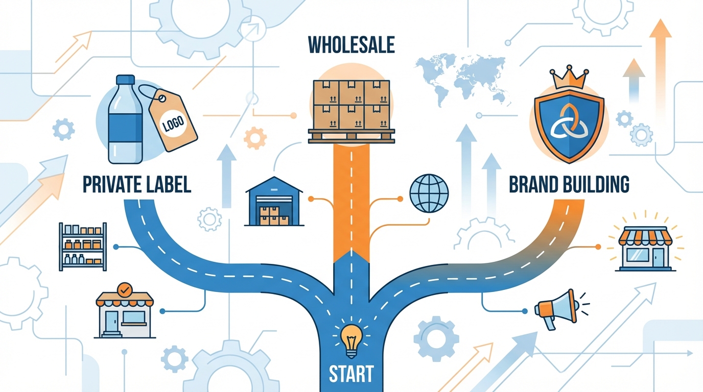 Illustration showing three Amazon business model paths: Private Label, Wholesale, and Brand Building as diverging roads