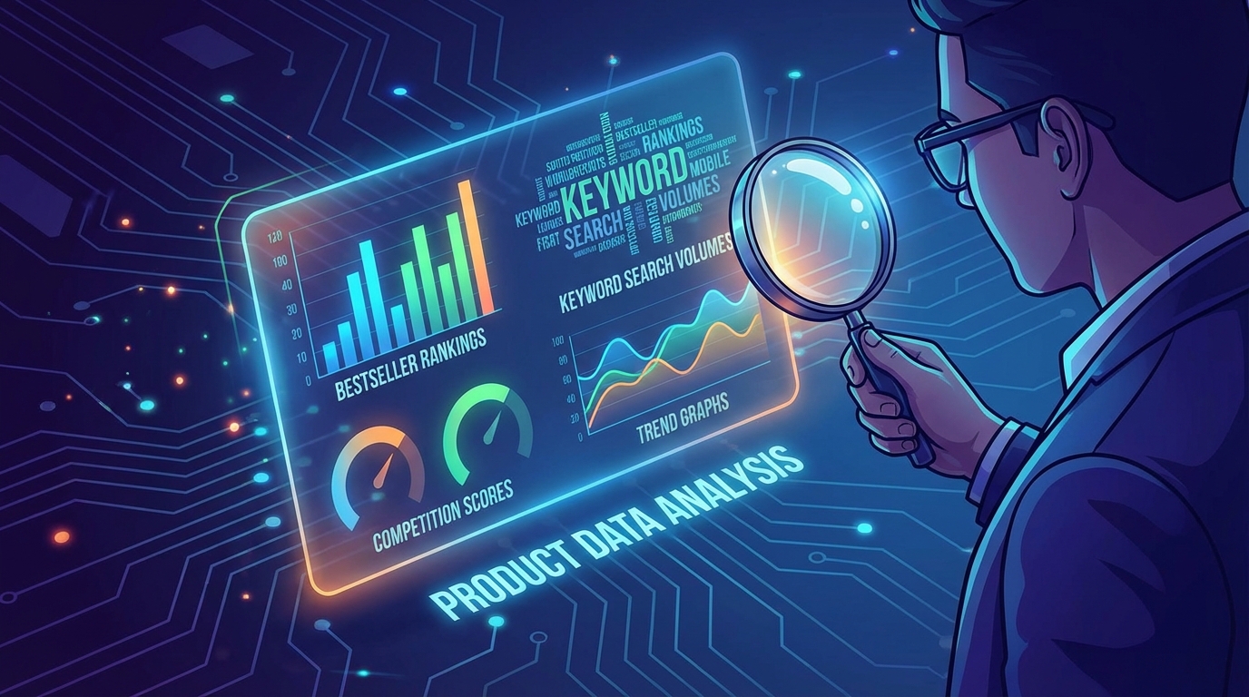 Digital researcher examining product data on a holographic display showing keyword volumes, bestseller rankings, and competition scores