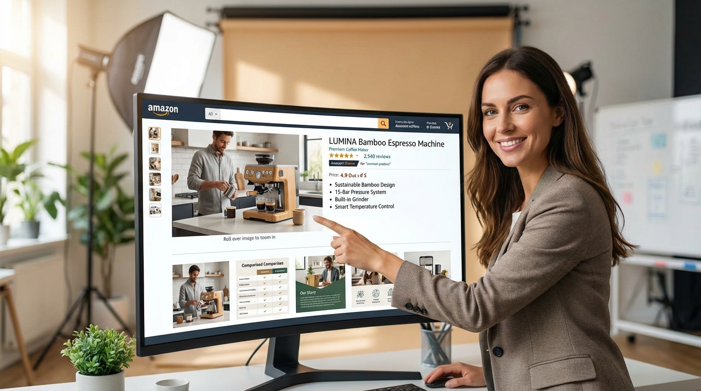 Professional Amazon product listing displayed on a large monitor with optimized content, A+ modules, and lifestyle photography