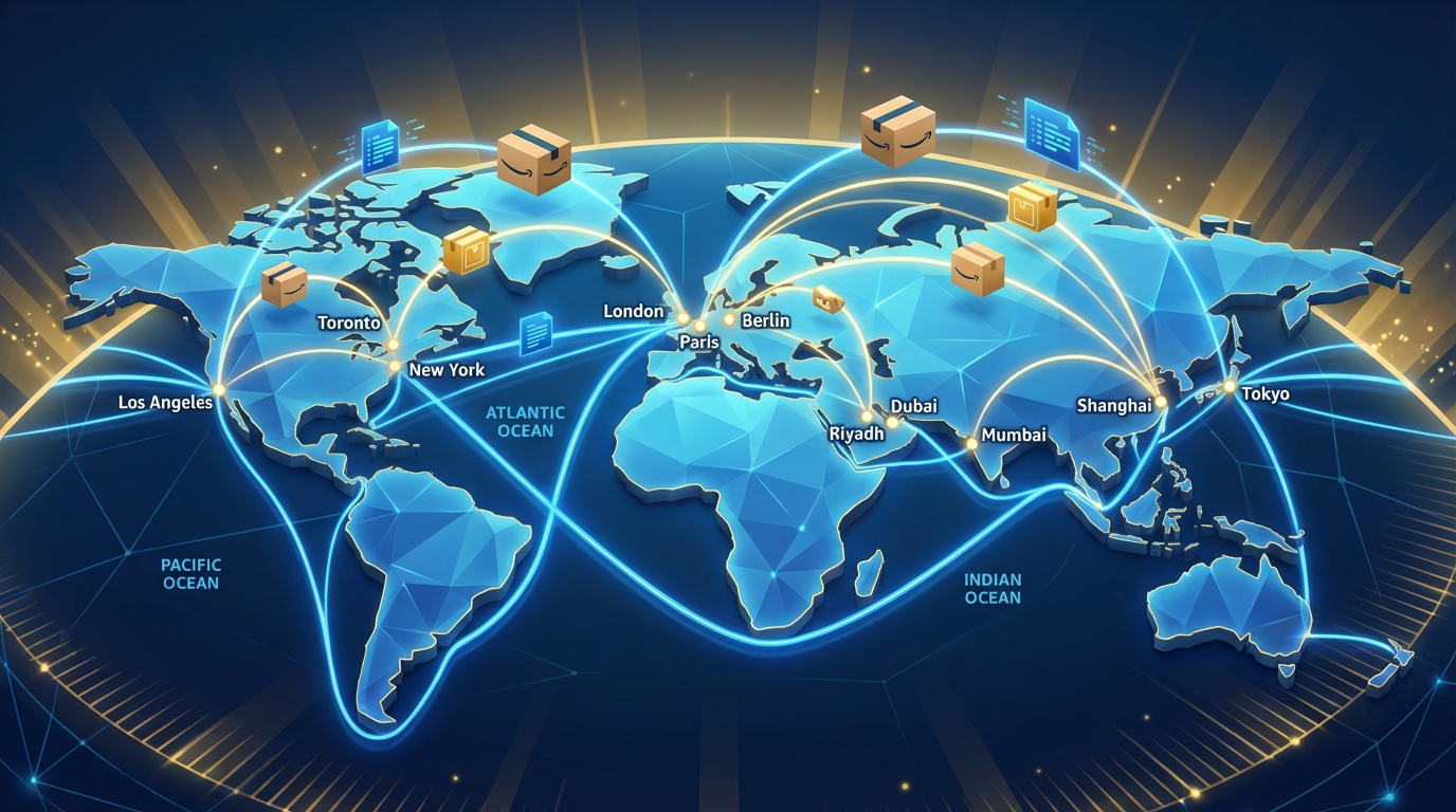 World map showing Amazon global shipping routes connecting North America, Europe, Asia, and the Middle East with delivery icons