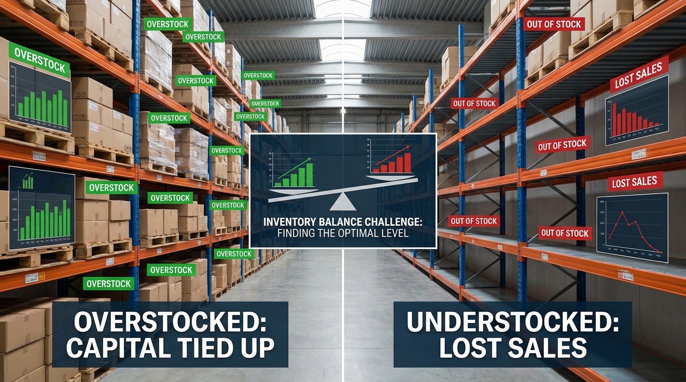 Warehouse with inventory management system showing split view of organized shelves and empty stockout areas with data overlays