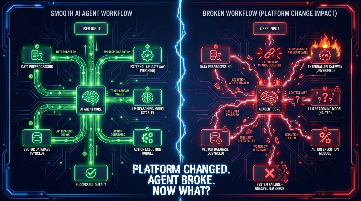 Split-screen showing an AI agent workflow running smoothly versus the same workflow breaking after a platform API change