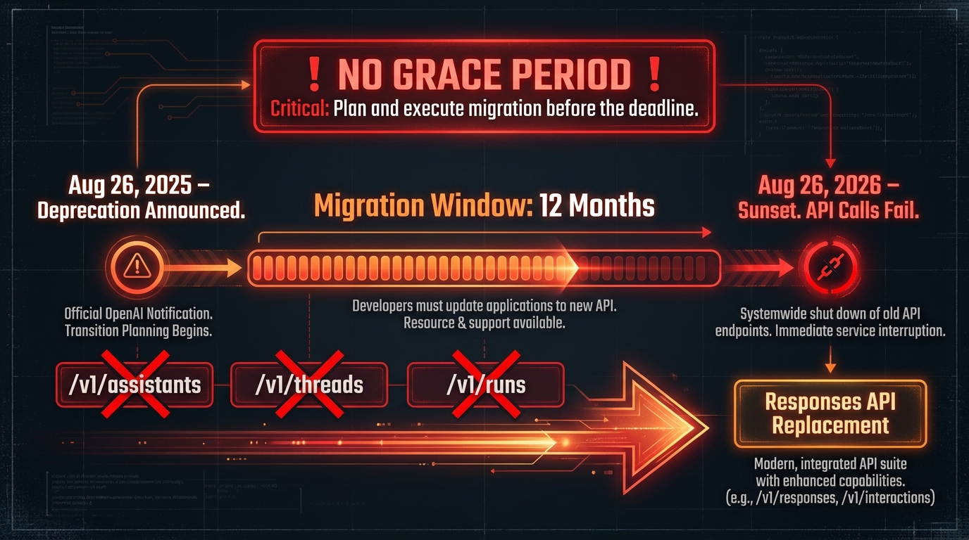 Timeline infographic of the OpenAI Assistants API lifecycle from deprecation announcement to hard sunset with no grace period