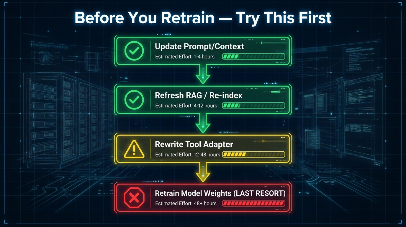 Decision-tree flowchart showing the four-step intervention hierarchy before retraining: prompt update, RAG refresh, tool adapter rewrite, model retraining