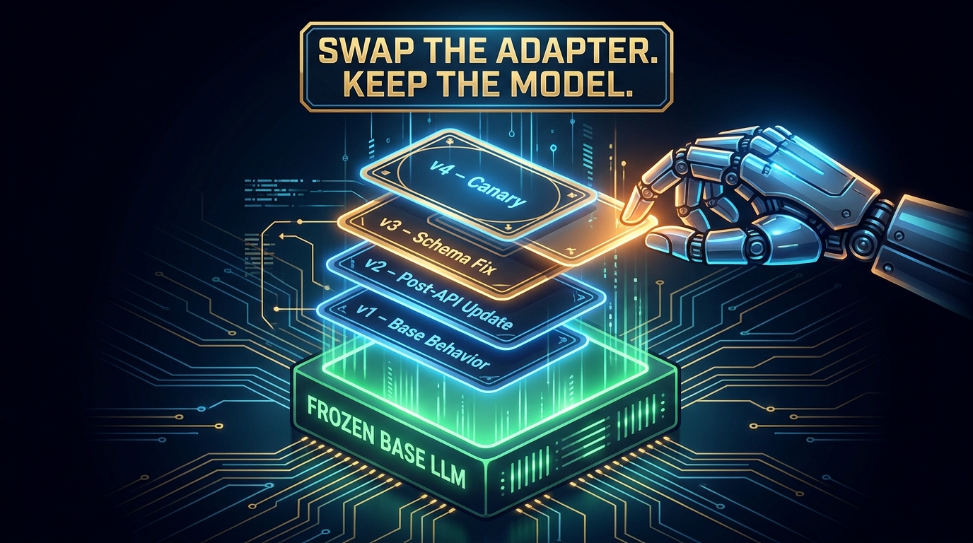 Infographic showing a stack of versioned LoRA adapter cards being hot-swapped while the frozen base LLM remains unchanged