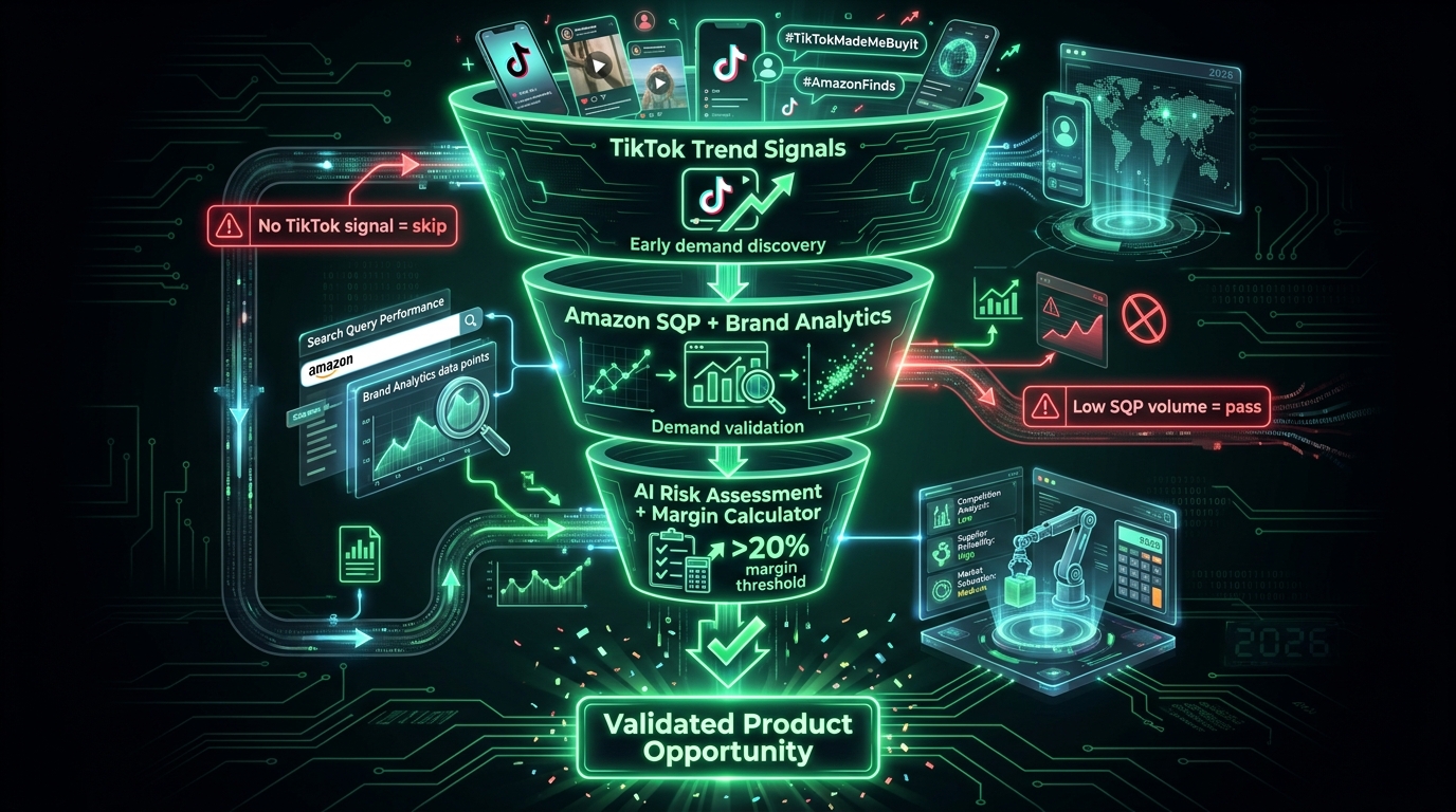 Amazon product research funnel for 2026 — TikTok trend signals feeding into SQP demand validation and AI risk assessment