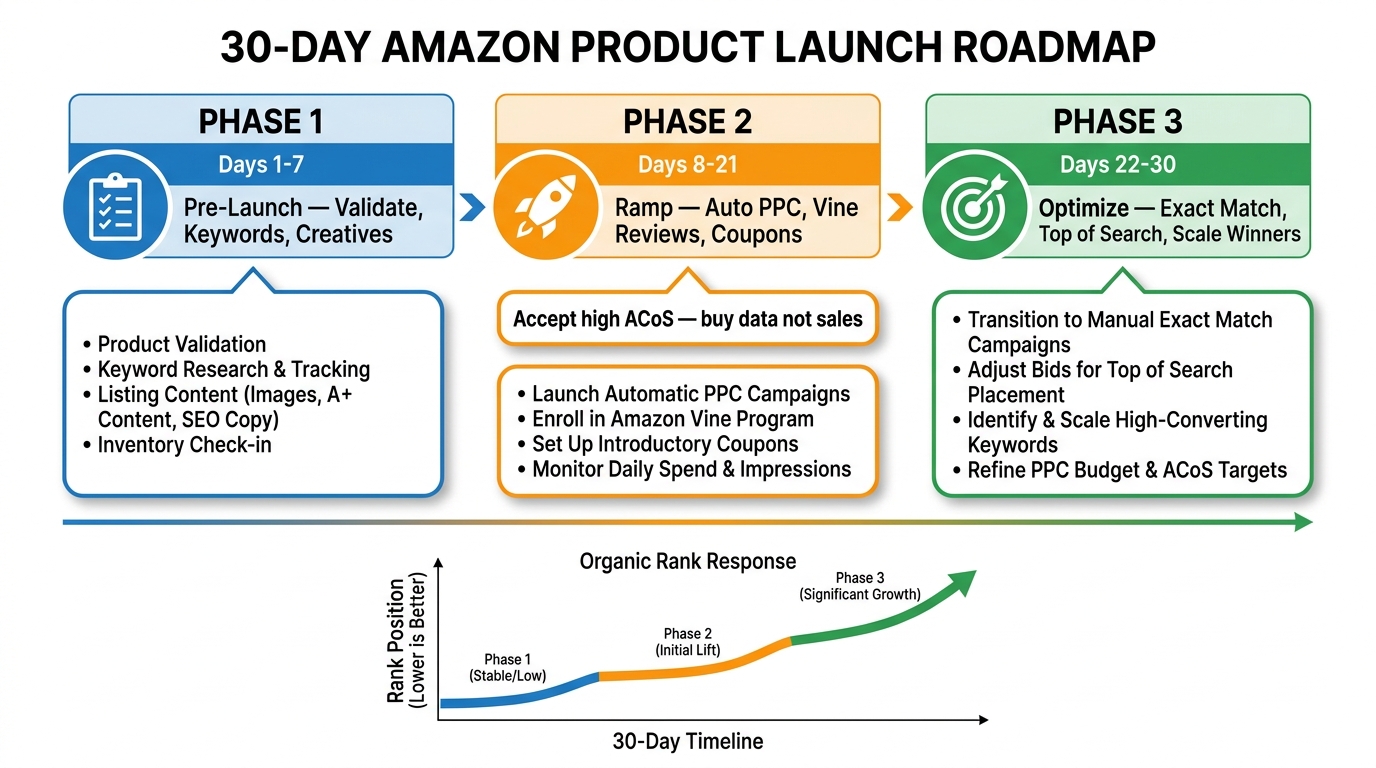30-day Amazon product launch timeline showing three phases: Pre-Launch validation, Ramp with PPC and reviews, and Optimize phase
