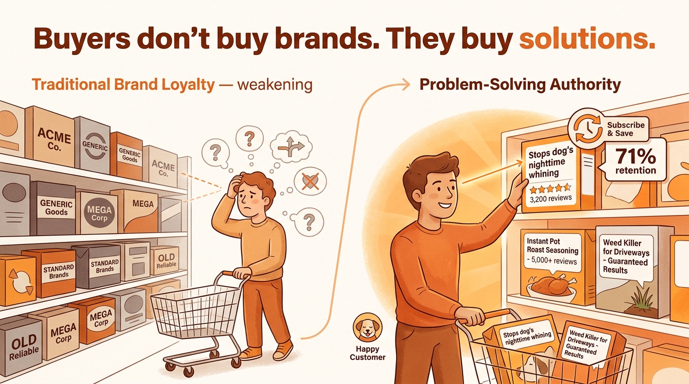 Amazon buyer psychology illustration showing problem-solving authority vs. traditional brand loyalty with Subscribe and Save retention data