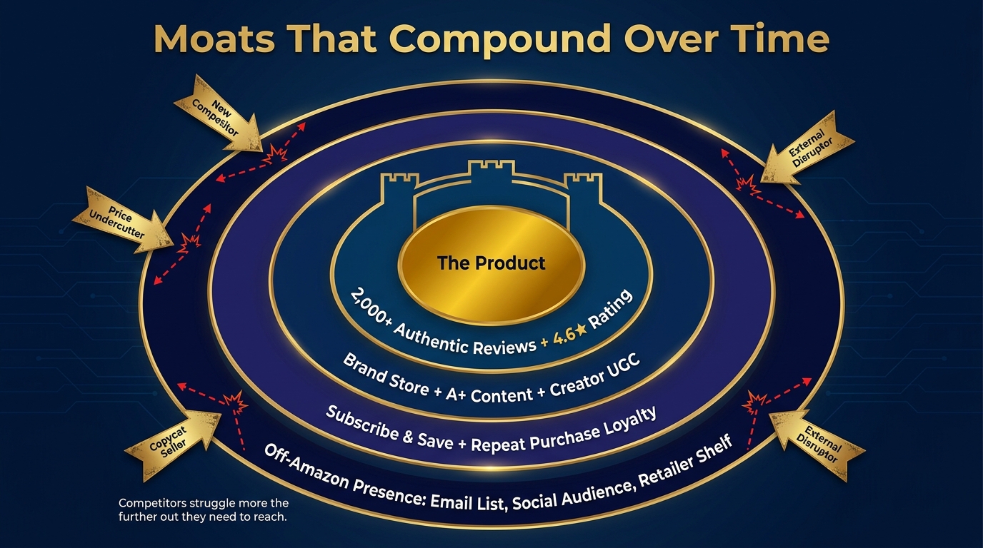 Amazon competitive moat diagram showing concentric circles from core product through reviews, brand content, loyalty programs, and off-Amazon presence