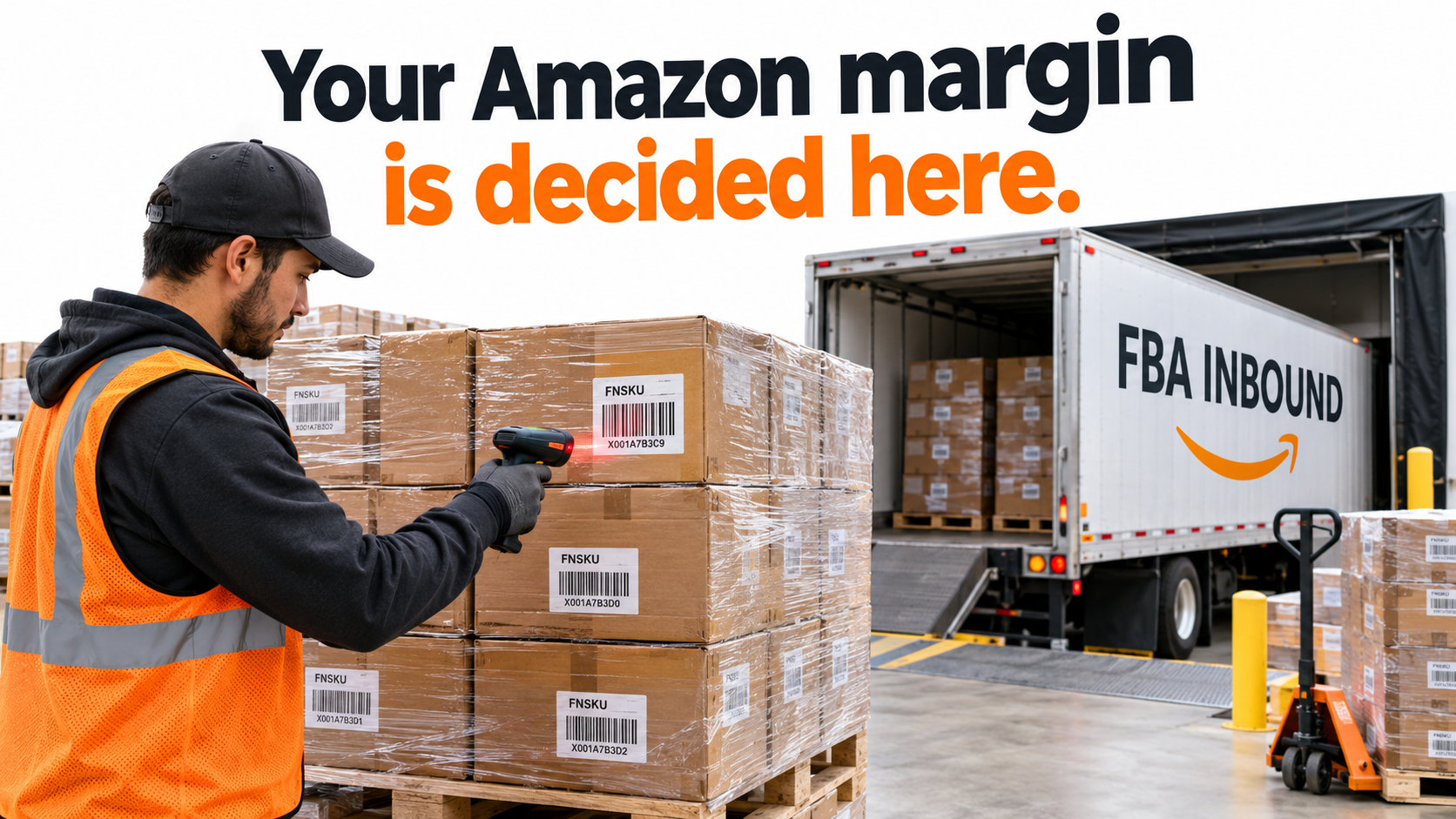 Loading dock at a prep warehouse with labeled FBA cartons being scanned, overlay text reading Your Amazon margin is decided here