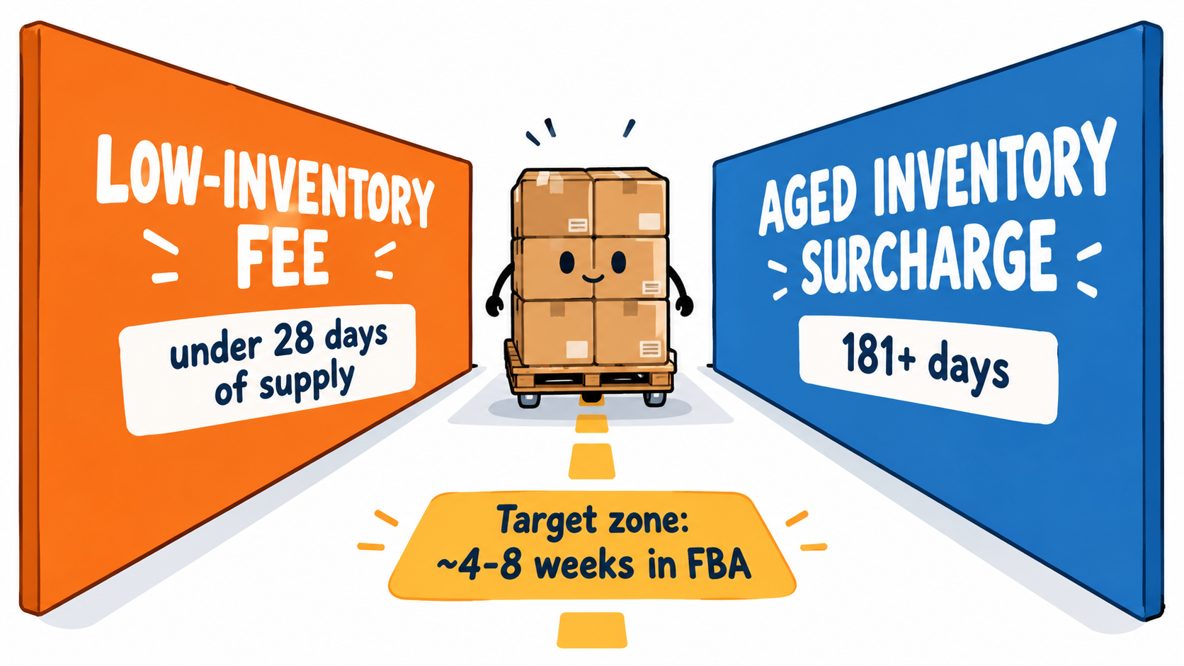 Narrow corridor graphic showing low-inventory fee under 28 days of supply on one side and aged inventory surcharge at 181 plus days on the other, with a target zone of four to eight weeks
