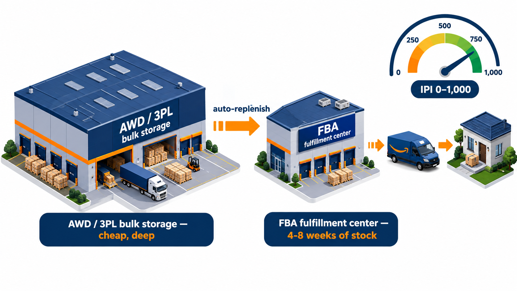 Isometric diagram of two-tier Amazon inventory with bulk AWD or 3PL storage auto-replenishing a smaller FBA fulfillment center, with an IPI gauge