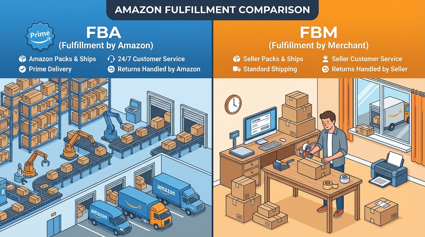 FBA vs FBM comparison showing Amazon fulfillment warehouse and home office shipping setup