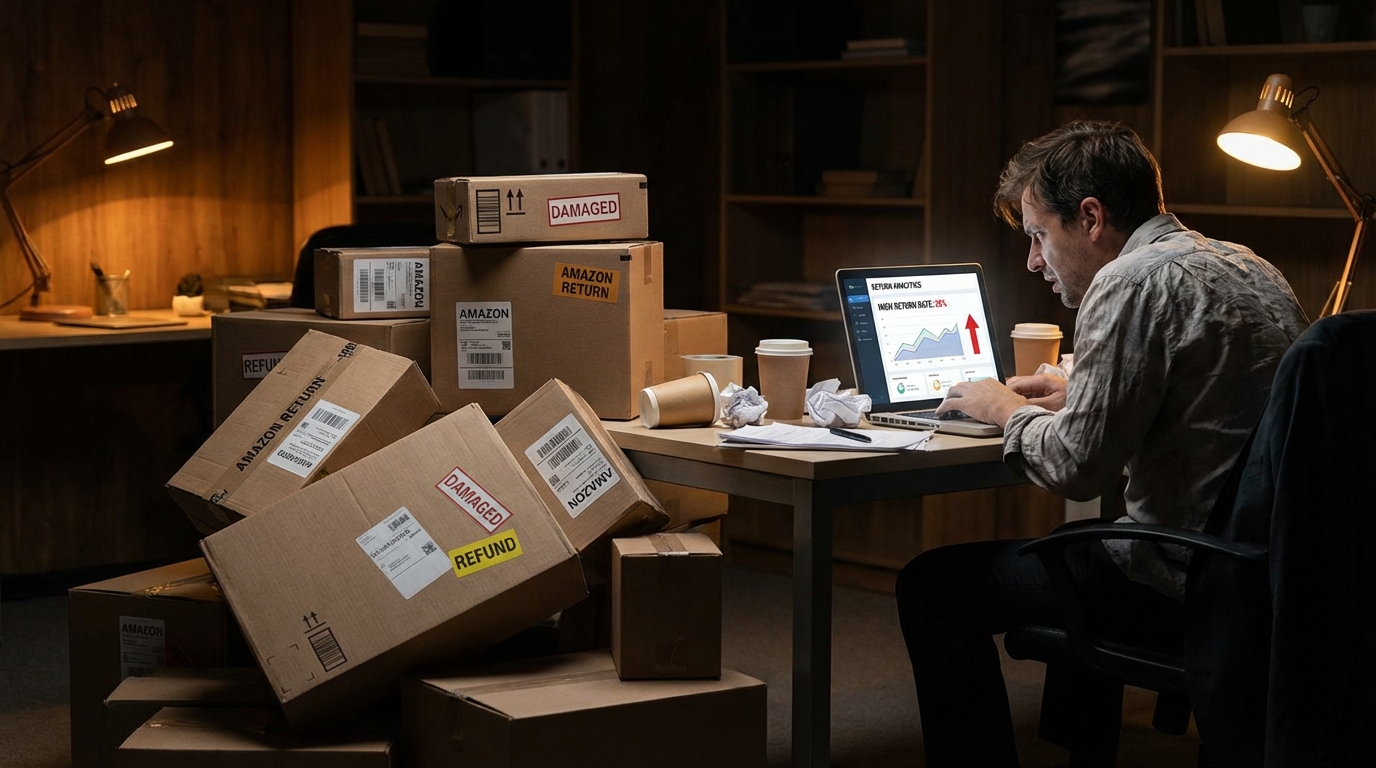 Returned product boxes piled up with a seller reviewing high return rate analytics on a laptop