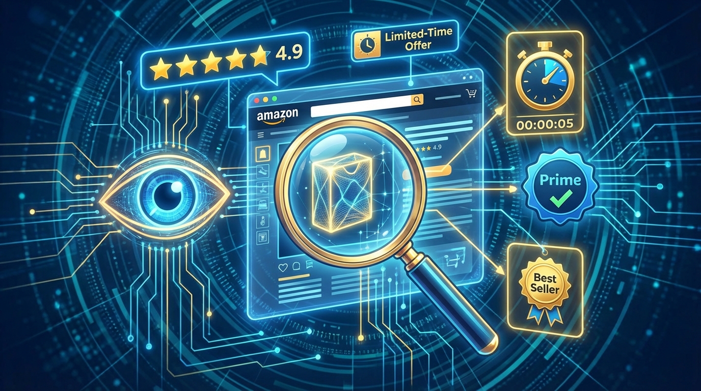 Amazon conversion rate psychology concept with social proof stars, price tags, and trust badges surrounding a product listing