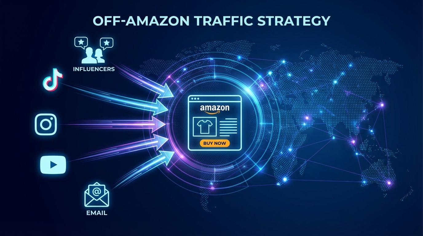 Off-Amazon traffic strategy visualization showing social media and influencer arrows flowing to Amazon product pages